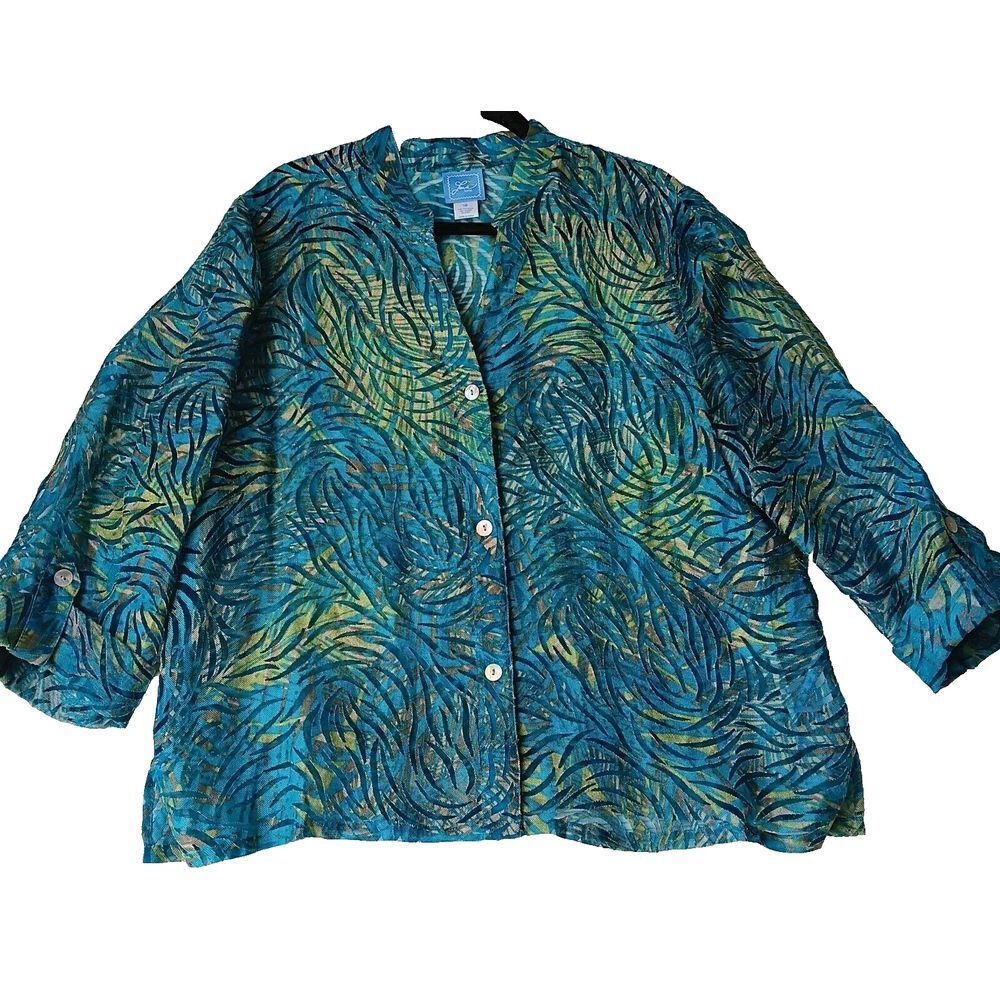 Laia Lane  Womens 3/4 Sleeve Blouse Transparent-‎ Green and Blue Floral Sz 18